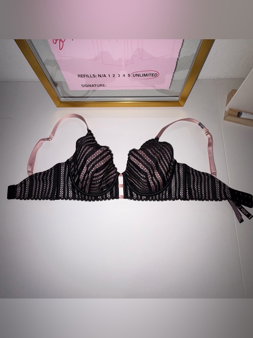Victoria's Secret Black Lace Push-Up Bra with Pink Straps